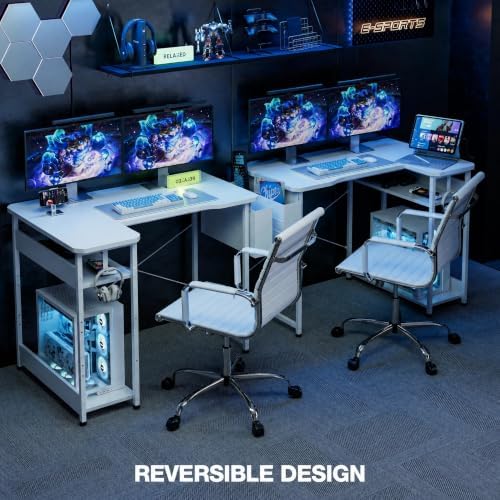 Acrolix L Shaped Gaming Desk 48 Inch - Computer Corner Desk with Power Outlets, Reversible Shelves & Storage Bag for Home Office, PC Gaming Table, White Carbon - Image 4