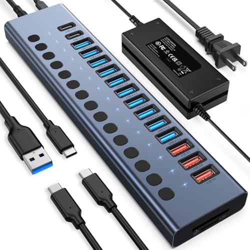 VANGREE Powered USB Hub 10Gbps, 17 Ports USB 3.2 Hub, 96W Power Adapter by VANGREE