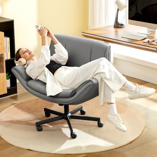 HeroSet Criss Cross Chair with Wheels & Armrests,Comfy Wide Vanity Chair,Scratch-Resistant Pu Leather Cross Legged Desk Chair,Height Adjustable Computer Office Desk Chairs for Home,Makeup,Bedroom - Image 5