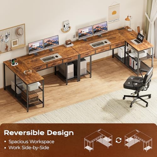 PRAISUN 55 Inch L Shaped Office Desk with Power Outlets and Type-C Port, Large Computer Gaming Desk with 3 Fabric Drawers, Mesh Shelves, Corner Study Work Writing Desk, Rustic Brown - Image 4