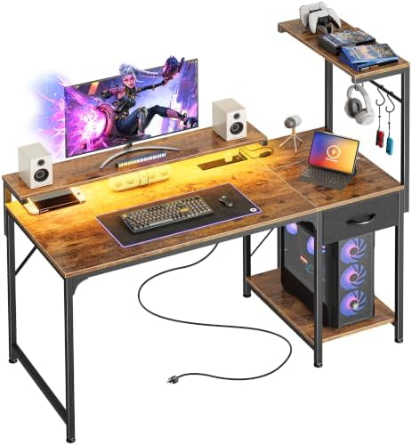 PRAISUN 47.2 Inch Gaming Desk with LED Lights & Power Outlets by PRAISUN