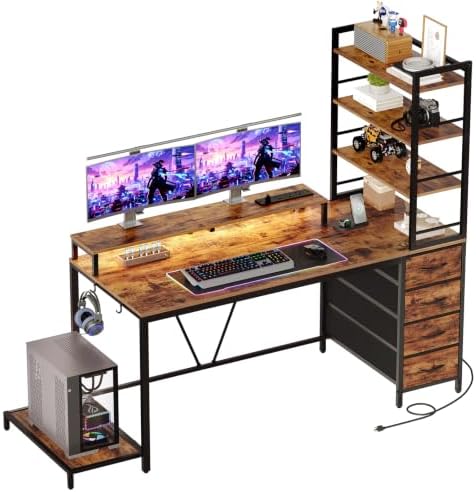 RALGEND Gaming Desk with Shelves and Storage, Computer Desk, Rustic Brown by RALGEND