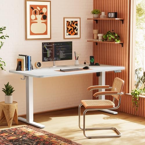 Huuger 55 X 24 Inch Electric Standing Desk with Power Outlets and USB-C Port, Height Adjustable Desk, Sit Stand Desk for Home Office, Computer & Gaming Desk with 3 Presets, Stable Steel Frame, White - Image 2