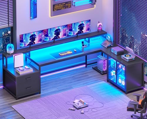 SEDETA 78.7” Large L Shaped Gaming Desk with Drawers, LED Light by SEDETA