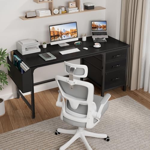 Lufeiya Computer Desk with Fabric File Drawers Cabinet, 55 Inch Reversible Home Office Desks with Filing Cabinet, Study Writing Table PC Desks with Storage for Bedroom, Black - Image 2