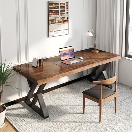 Solid Wood Desk 55 inches, Home Office Computer Desk Wooden Rustic Writing Desk Metal Modern Simple Design Executive Real Wood Desk(Rustic Brown) by SXXjiaju