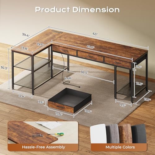 PRAISUN 63 Inch L Shaped Office Desk with Power Outlets and Type-C Port, Large Computer Gaming Desk with 3 Fabric Drawers, Mesh Shelves, Corner Study Work Writing Desk, Rustic Brown - Image 3