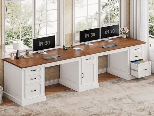 SEDETA Farmhouse 110.3" Two Person Desk with 7 Drawers, Long Computer Desk with Storage Cabinet, 2 Person Desk with Power Outlets for Home Office, White+Brown by SEDETA