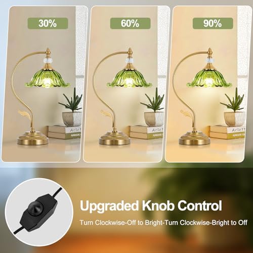 Vintage Floral Table Lamp, Plug in Mid-Century Modern Desk Lamp with Green Glass Shade, Gold Bedside Table Lamp Dimmable for Bedroom Living Room Home Office, E26 Base, UL Listed - Image 2