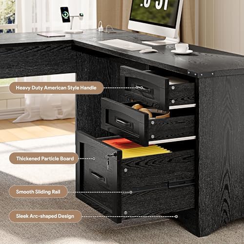 Decofy 67" Farmhouse L Shaped Standing Desk with Drawers Home Office Executive Desks with Fast Charging Station, Lockable File Cabinet, Wood Writing Computer Desk for Work, Study - Image 6