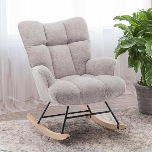 SAETSFEG Rocking Chair Nursery Teddy Upholstered Glider Rocker Rocking Accent Chair Padded Seat with High Backrest Armchair Comfy Side Chair for Living Room Bedroom Offices (Grey Teddy) by SAETSFEG