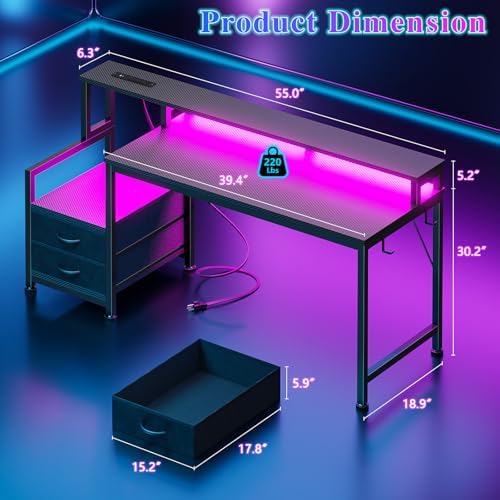 Furologee 55" Gaming Desk with LED Lights & USB-C Port, Carbon Fiber Black - Image 2