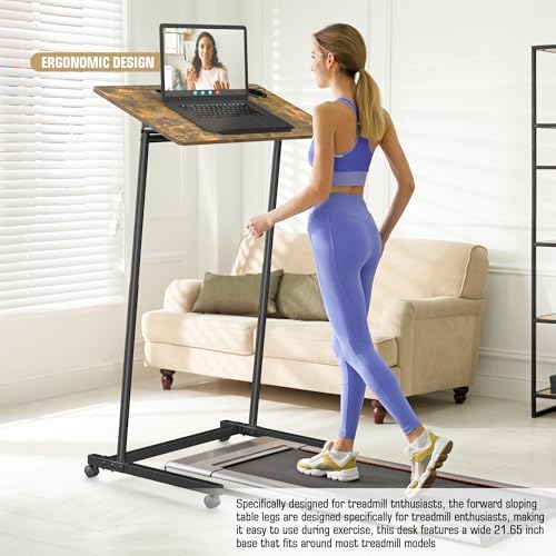 Eocnrhe Treadmill Desk, Mobile Small Standing Desk with Wheels for Walking Pad, Portable Table for Laptop, Rolling Table Adjustable Height, Bedside Table，Brown - Image 5