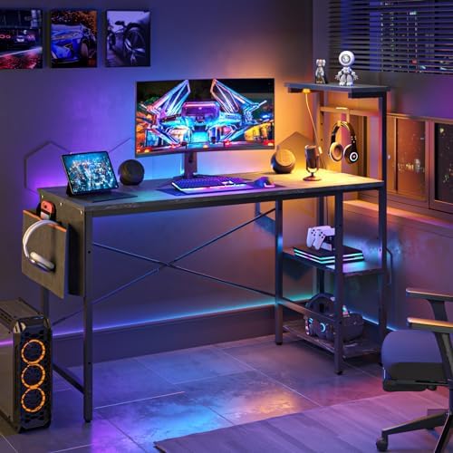 Bestier Gaming Desk with LED Lights, 51.3 Inch Computer Desk with 4 Tiers Reversible Shelves, Gamer Desk with Side Storage Bag, Hooks and Height Adjustable Shelf (Black Marble) - Image 3