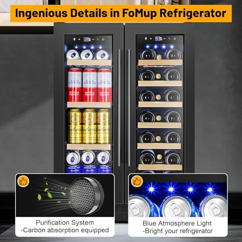 FoMup Wine and Beverage Refrigerator, 24 Inch Beverage Cooler Dual Zone with Glass Door, Under Counter Beverage Fridge with Upgraded 60 Cans 20 Bottles Large Capacity, Black - Image 7