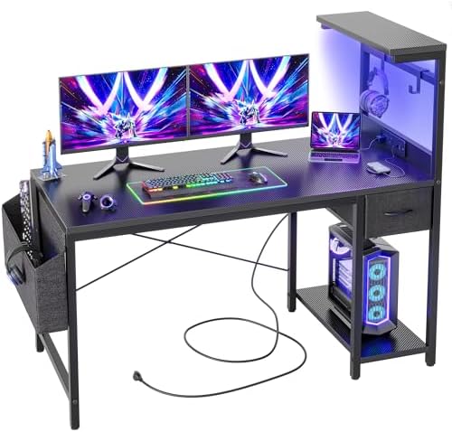 TIQLAB Gaming Desk 47 inch with Power Outlet and LED Light, Computer Desk with Reversible Shelves and Storage Drawer, Small PC Desk for Home Office Table with Bag, Carbon Fiber Black by TIQLAB