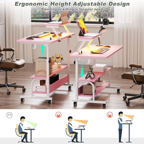 Height Adjustable Standing Desk with Power Outlets and LED Lights - 32" Manual Stand Up Desk with Monitor Stand and Storage Shelves Small Mobile Rolling Computer Desk Portable Laptop Table, Pink - Image 4
