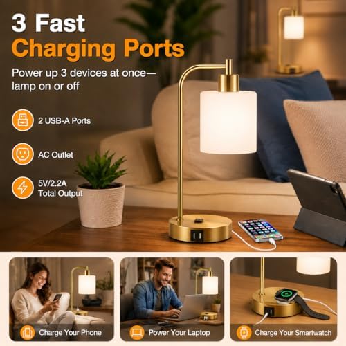Set of 2 Industrial Touch Control Table Lamps with 2 USB Ports and AC Outlet - 3-Way Dimmable Gold Bedside Lamps Nightstand Desk Lamps for Bedroom Living Room, Opal Glass Shade & 2 LED Bulbs Included - Image 5