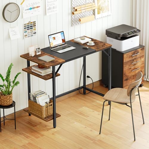 HOOBRO Small Computer Desk, 35.4 Inch Home Office Desk with Power Outlet, Writing Desk with 2 Shelves, Modern Small Desk for Home Office, Study, Easy to Assemble, Rustic Brown and Black BF43UDN01 - Image 2
