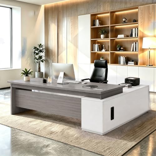 L Shaped Executive Desk with Drawers, Large Wood Workstation, Modern Executive Office Furniture for Home Office and Business Workspace, Multiple Sizes & Colors by Unknown