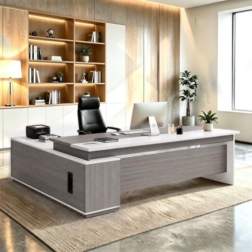 L Shaped Executive Desk with Drawers, Large Wood Workstation, Modern Executive Office Furniture for Home Office and Business Workspace, Multiple Sizes & Colors by Unknown