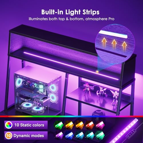 AODK 59 Inch L Shaped Gaming Desk with Display Shelves, LED Lights, Black - Image 5