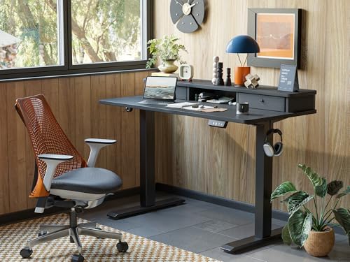 TIQLAB Standing Desk with Two Drawers, Stand Up Standing Desk Adjustable Height, Electric Sit Stand Table with Storage Shelf and Splice Board, 55 * 24 inch, Black - Image 2