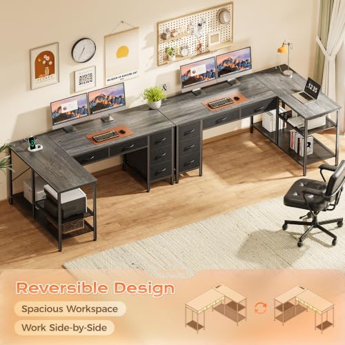 PRAISUN 55 Inch L Shaped Desk with Power Outlets, 5 Fabric Drawers - Image 6