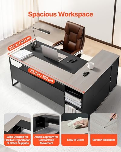 VEVOR 71" L-Shaped Executive Desk, Large Computer Desk with Drawers, File Storage Cabinet, CPU Stand, 350 LBS Load Capacity Corner Table, Easy Assembly, for Work Study - Image 5