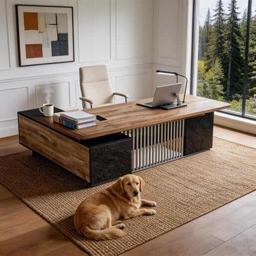 Executive Desk with Privacy Panel, Large Office Desk for Small Business, Computer Desk with Drawers & Storage Cabinets, Thick One-Piece Tabletop (Right Return, 70.86") by ONNAHOMEStlyle