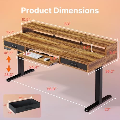 HUANUO 63″ X 26″ Electric Standing Desk with 2 Drawers &24.4″ Large Keyboard Tray, C-Clamp Mount Compatible, Adjustable Computer Desk for Office, Sit Stand Up Desk with 4 Height Presets, Vintage Brown - Image 2