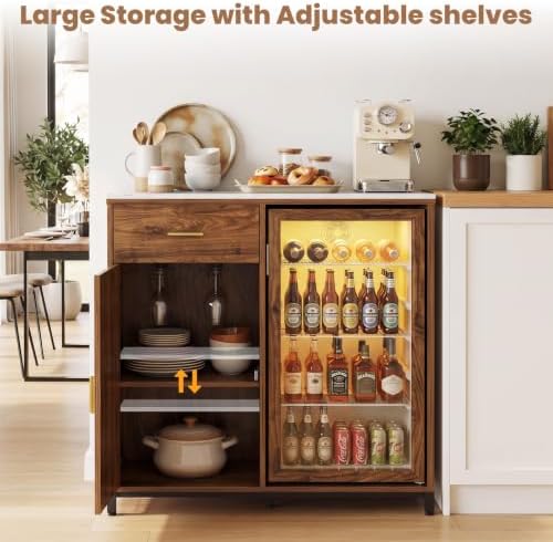 Unikito Coffee Bar Cabinet with Mini Fridge Space & Power Outlet, Walnut - Image 7