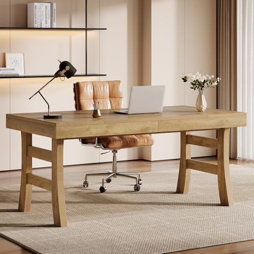 Tribesigns 63-Inch Executive Desk, Large Office Computer Desk with Sturdy Legs, Farmhouse Simple Workstation Writing Study Table for Home Office, Light Brown by Tribesigns