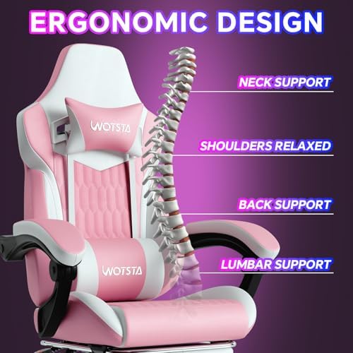 Gaming Chair with Footrest, High Back Gaming Chairs PVC Leather Ergonomic Gamer Chair with Adjustable Headrest Lumbar Support Racing Style Video Gaming Chair for Office/Home (Pink) - Image 5