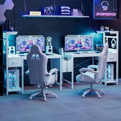 Grandder Gaming Desk 40 Inch with Power Outlet and LED Light, Computer Desk with Reversible Shelves and Storage Drawer, Pc Small Desk for Home Office Table with Bag, Carbon Fiber White - Image 4