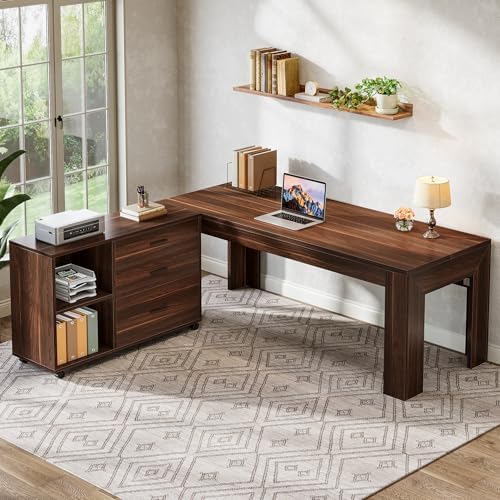 Tribesigns 63" L Shaped Desk with File Cabinet, Large Executive Office Desk with Rolling Filing Cabinet, Long Computer Table with Drawers and Shelves, Business Furniture Set for Home Office, Walnut - Image 4