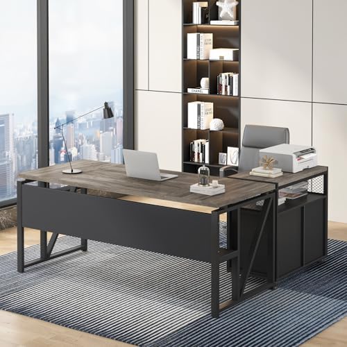 Tribesigns 63" Executive Desk with Reversible File Cabinet, Large L-Shaped Office Desk with Drawers, Business Furniture Workstation for Home Office (Dark Oak, 63-inch) by Tribesigns