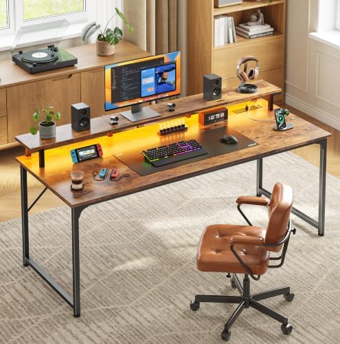 PRAISUN 55 inch Gaming Desk, LED & Outlets, Monitor Stand, Rustic Brown - Image 2