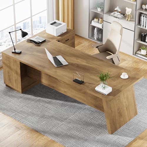 Tribesigns 78-Inch L-Shaped Executive Desk, Office Desk with Drawers and Lateral File Cabinet, Large Computer Workstation with Storage Shelves (Brown) - Image 2