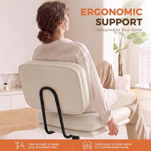 COMHOMA Home Office Desk Chair with Comfy Lumbar Support, Small Vanity Chair with Wheel for Bedroom, Thick Padded & Armless, 19.1"-25.4" Height Adjustable, Soft PU Leather, White - Image 3