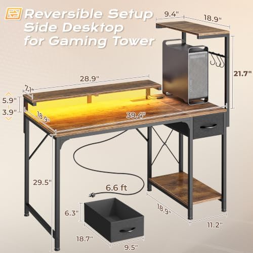PRAISUN 39.4 Inch Gaming Desk with LED Lights & Power Outlets - Image 3