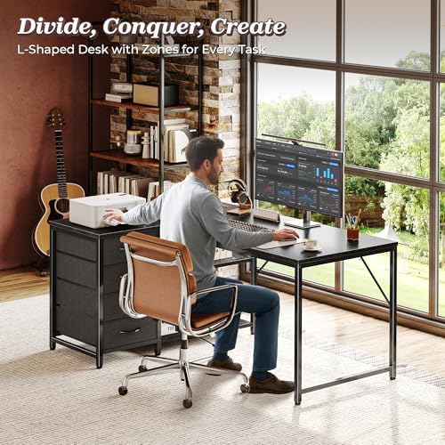 PRAISUN 43.3" Small L Shaped Desk with Power Outlets & 4 Drawers - Image 3