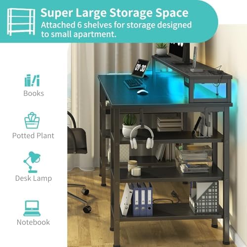 Lufeiya Gaming Desk with LED Lights and Storage Shelves, 47 inch Computer Desk with Power Outlets, Home Office Desk with Monitor Stand, Writing Table PC Desks, Black - Image 6