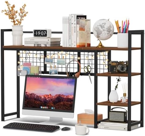 Snughome Desk Shelf, 44.9" Desktop Organizer Shelf, Desk Hutch for Computer Monitor, 4 Tier Desk Display Rack with Pegboard Hooks Set, Wood Desktop Bookshelf for Home Office Dorm by Snughome