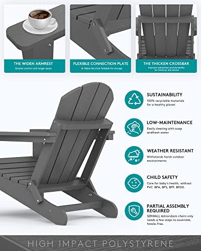SERWALL Folding Adirondack Chair with Cup Holder Set of 6,Patio Chairs-Gray - Image 5