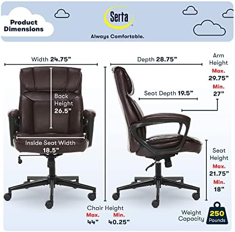 Serta Executive Office Chair with Lumbar Support, Padded Arms Leather Chair - Image 3