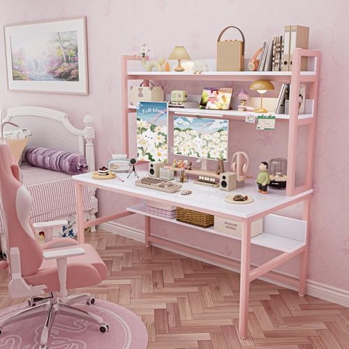 Aquzee Pink Desk with Shelves, Computer Desk with Hutch, 55 Inch - Image 2