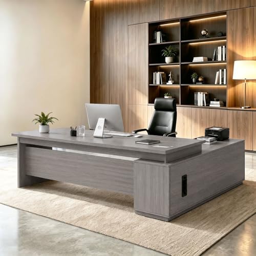 Executive Desk L Shaped Office Desk with Drawers, Large Wood Office Table with Storage Cabinet for Home or Business Workspace, Left or Right Cabinet Option, Multiple Sizes & Colors by Unknown