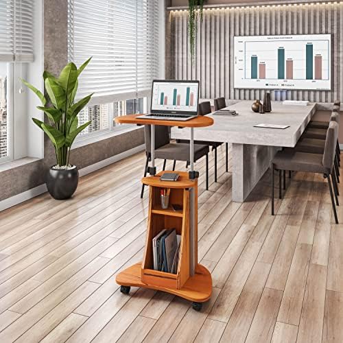 Techni Mobili Adjustable Height Rolling Laptop Cart with Storage, Woodgrain - Image 2