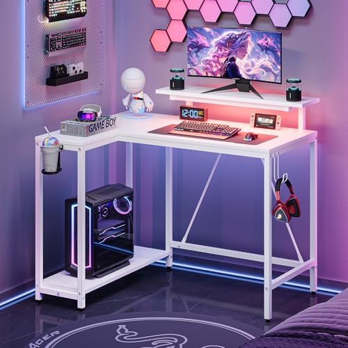 Pinmoco 42" Reversible Small L-Shaped Gaming Desk with LED Lights, White by PinmocoDirect